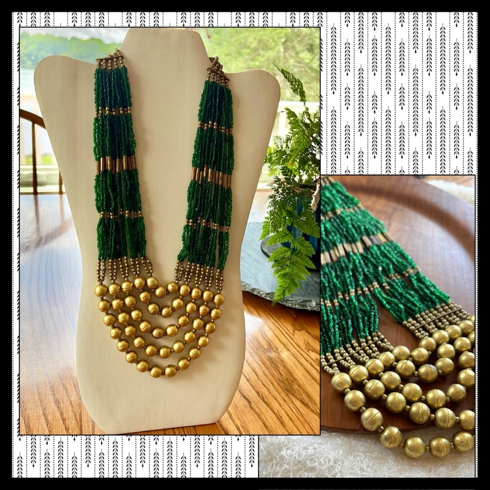 Green and Gold Beads Multilayered Statement Mixed Materials Artisan Necklace - Picture 1 of 17